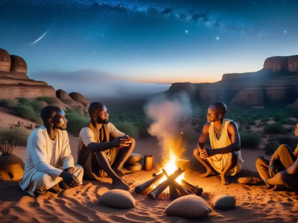 Noche estrellada con los Dogon de Mali junto al fuego, señalando Sirio B