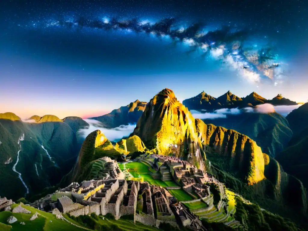 Una noche estrellada sobre Machu Picchu, con ruinas iluminadas por la luna y la Vía Láctea, destacando la Astronomía inca Machu Picchu