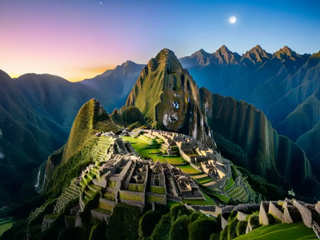 Noche de luna sobre Machu Picchu con deidades sol y luna en la piedra Intihuatana, evocando civilizaciones antiguas