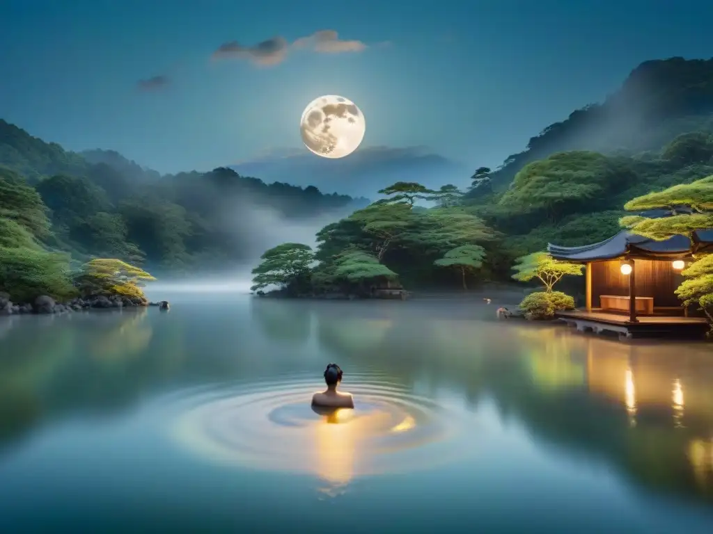 Una noche mágica en un lago iluminado por la luna, con un baño japonés al aire libre