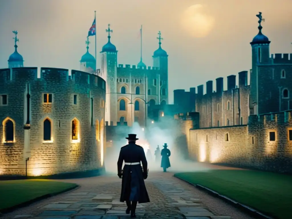 Noche neblinosa en la Torre de Londres con figuras fantasmales entre sombras y paredes de piedra