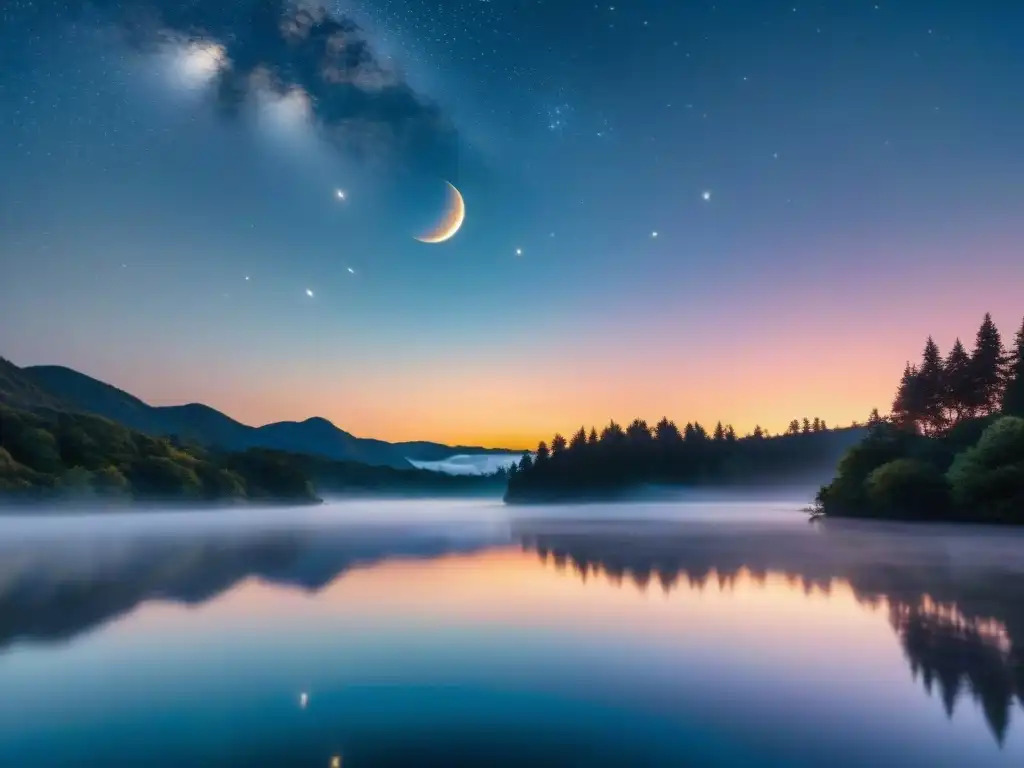 Una noche serena con nuevas lunas cambio vida, reflejando el poder transformador de la luna sobre el agua tranquila