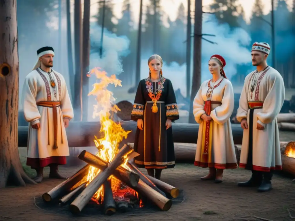 Celebración nocturna en el bosque: alrededor de la hoguera, aldeanos eslavos visten trajes tradicionales, realizando danza ritual