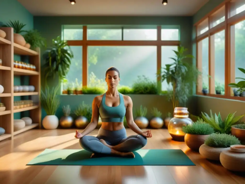 Un oasis de paz en un estudio de yoga, con remedios herbales y prácticas de Ayurveda