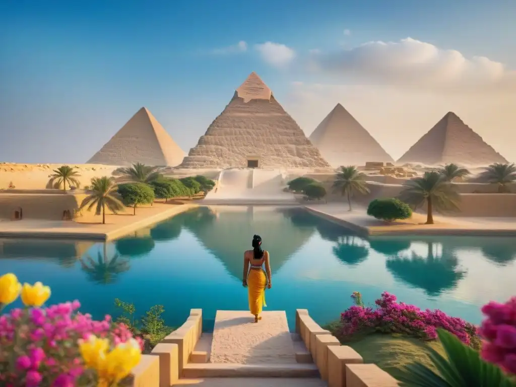 Aaru: paraíso egipcio en detalle Un oasis sereno en el Paraíso egipcio más allá muerte: aguas tranquilas, flores vibrantes y pirámides majestuosas bajo un cielo azul claro