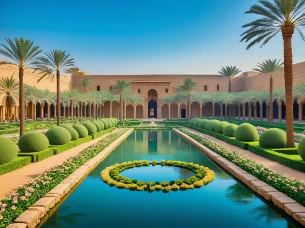 Un oasis de tranquilidad en los Jardines del Antiguo Egipto con canales de riego, flores de loto y palmeras altas