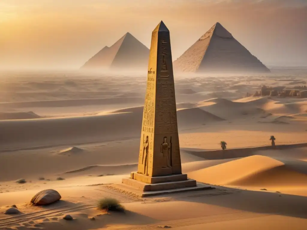 Un obelisco antiguo en Egipto, con detallados jeroglíficos y majestuosas tallas, destacando al atardecer en el desierto dorado