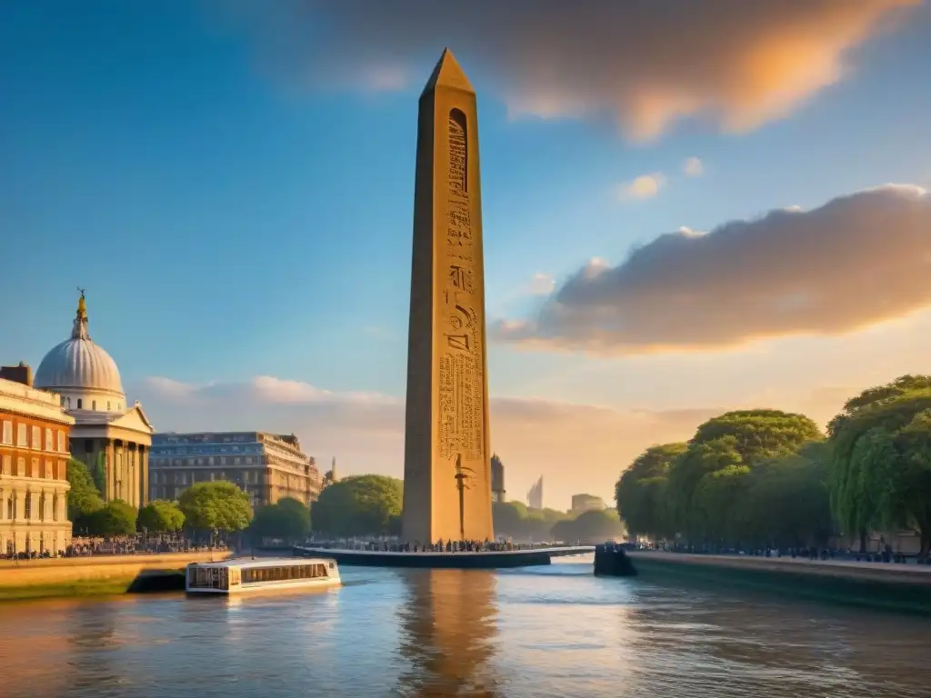 Un obelisco egipcio antiguo, Cleopatra's Needle, destaca al atardecer en Londres