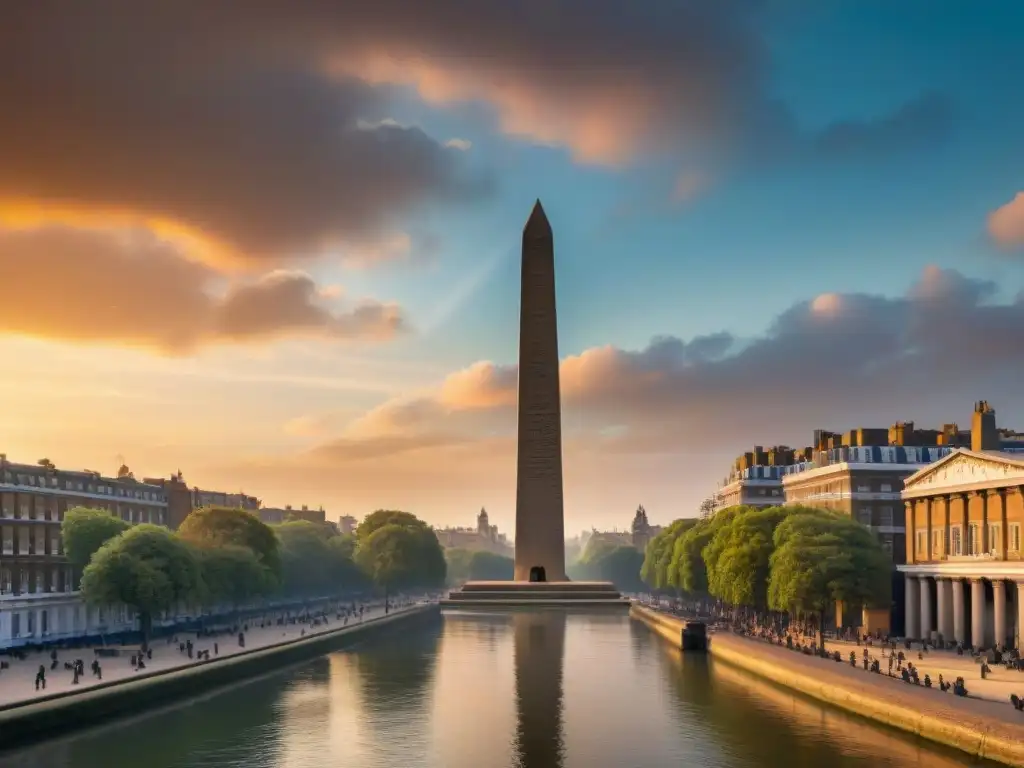 El obelisco egipcio Cleopatra's Needle iluminado por el cálido atardecer en Londres