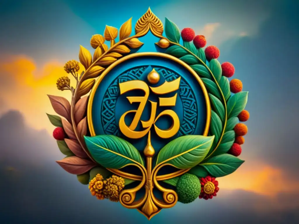 Obra Jainista detallada con coloridos símbolos de la esvástica y la naturaleza