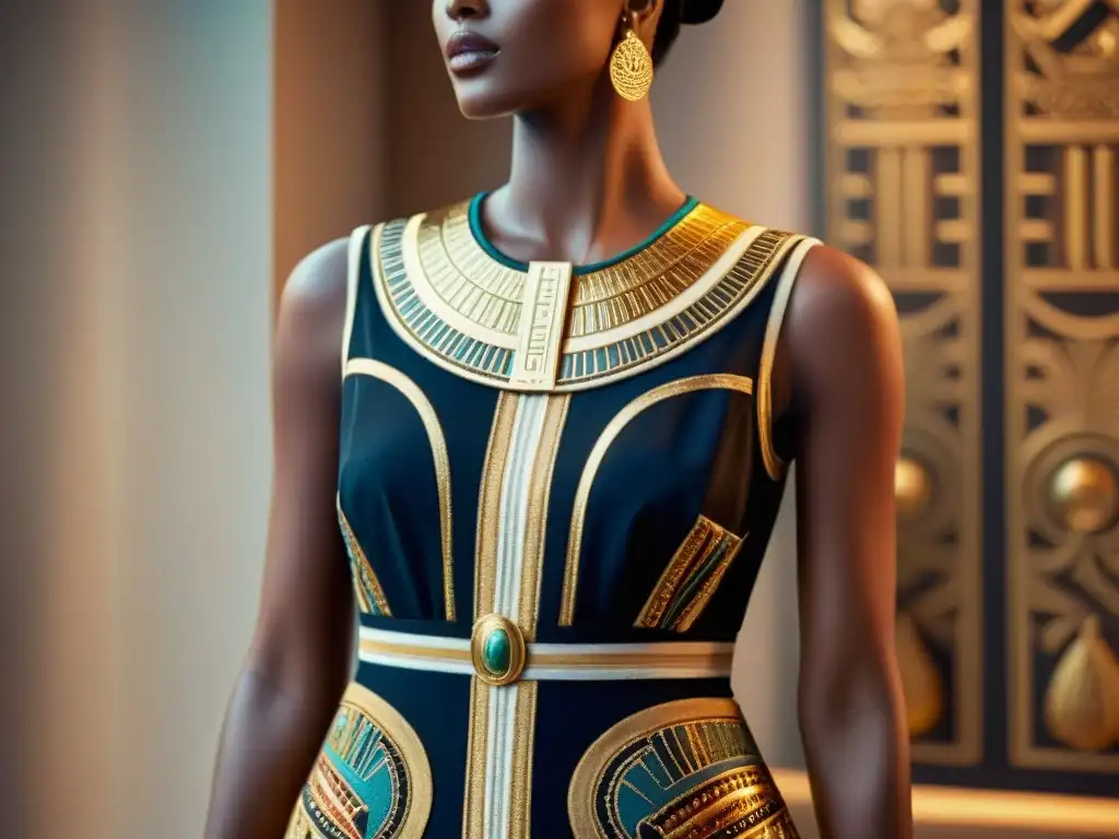 Una obra maestra de la moda inspirada en el antiguo Egipto, con detalles dorados y jeroglíficos intrincados