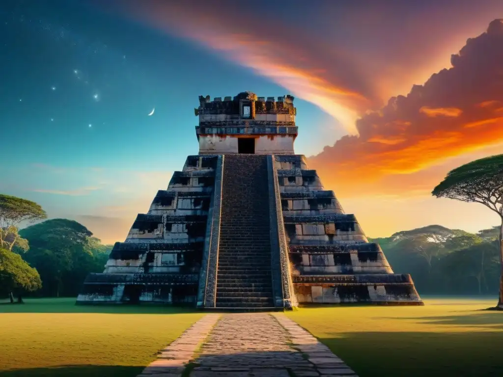 Un observatorio maya majestuoso al atardecer, con tallados iluminados por el sol