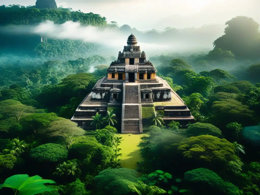 Metrópolis ocultas mayas emerge de la selva con templos y pirámides cubiertos de vegetación, bajo la luz del sol