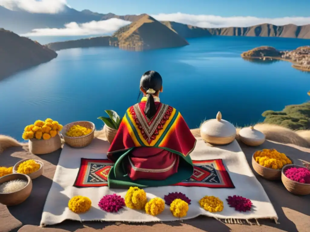 Ofrenda andina en lago Titicaca al amanecer: un ritual lleno de color y espiritualidad