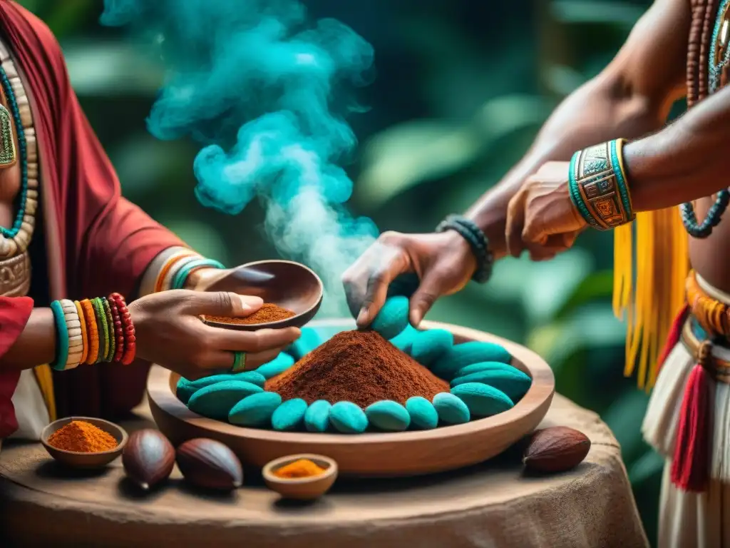 Ofrenda de cacao a los dioses mayas en ritual detallado y colorido