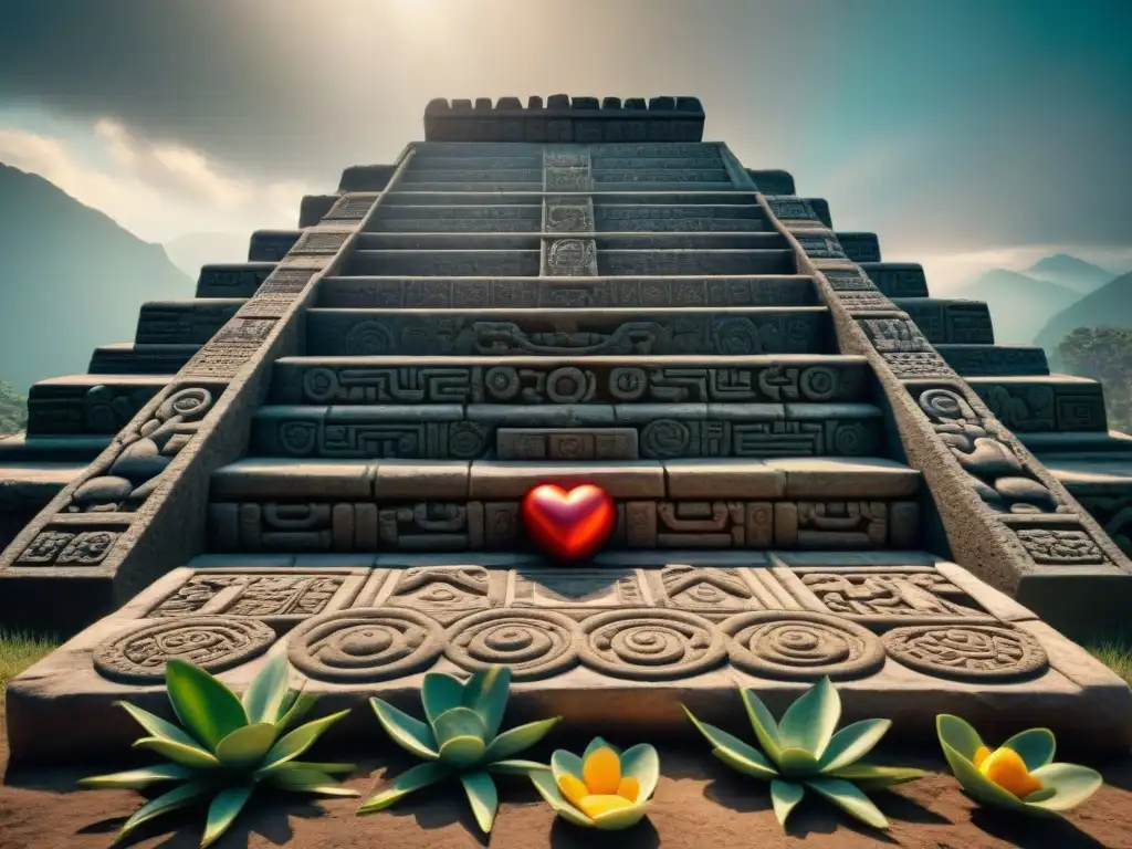 Ofrendas de maíz, agua y corazones humanos tallados en un antiguo altar de piedra dedicado a Tláloc, dios azteca de la lluvia