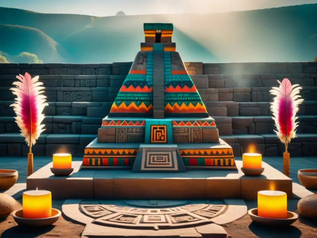 Ofrendas y sacrificios en civilizaciones antiguas: Altar azteca con plumas, piedras preciosas y cosechas, sacerdotes preparándose para un ritual