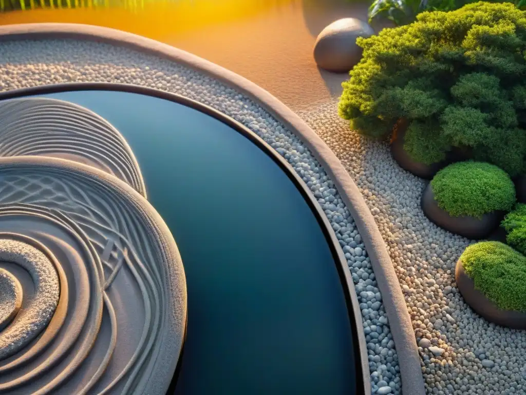 Jardín zen para meditación: Detalle de ondas y rocas en un tranquilo jardín zen iluminado por el sol, transmitiendo serenidad