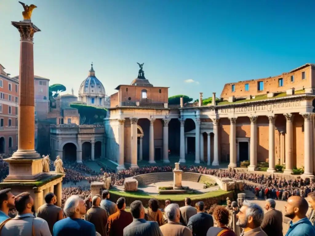 Un orador romano apasionado en el Foro Romano, rodeado de una multitud diversa