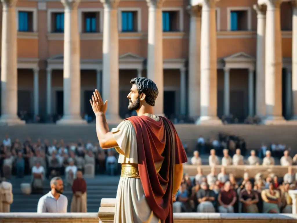 Un orador romano frente a una multitud en el foro: palabra y persuasión en Roma