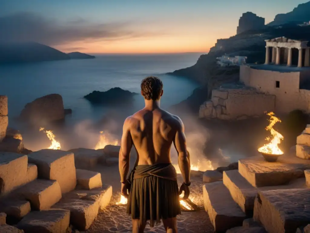 Orfeo en el Inframundo: Misterio y Emoción Orfeo desciende a la Mitología griega vida después muerte, rodeado de niebla y antorchas titilantes, en busca de Eurídice