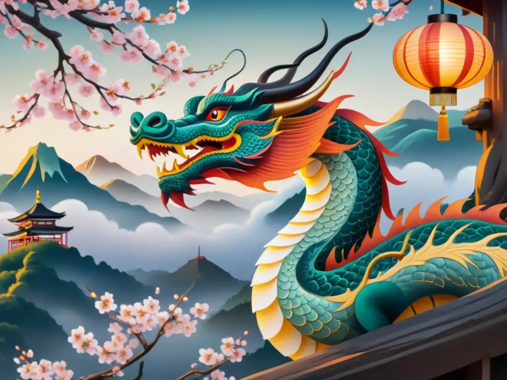 Dragón oriental majestuoso enroscado alrededor de un cerezo sagrado, sus escamas brillan con colores iridiscentes bajo la luz de las linternas