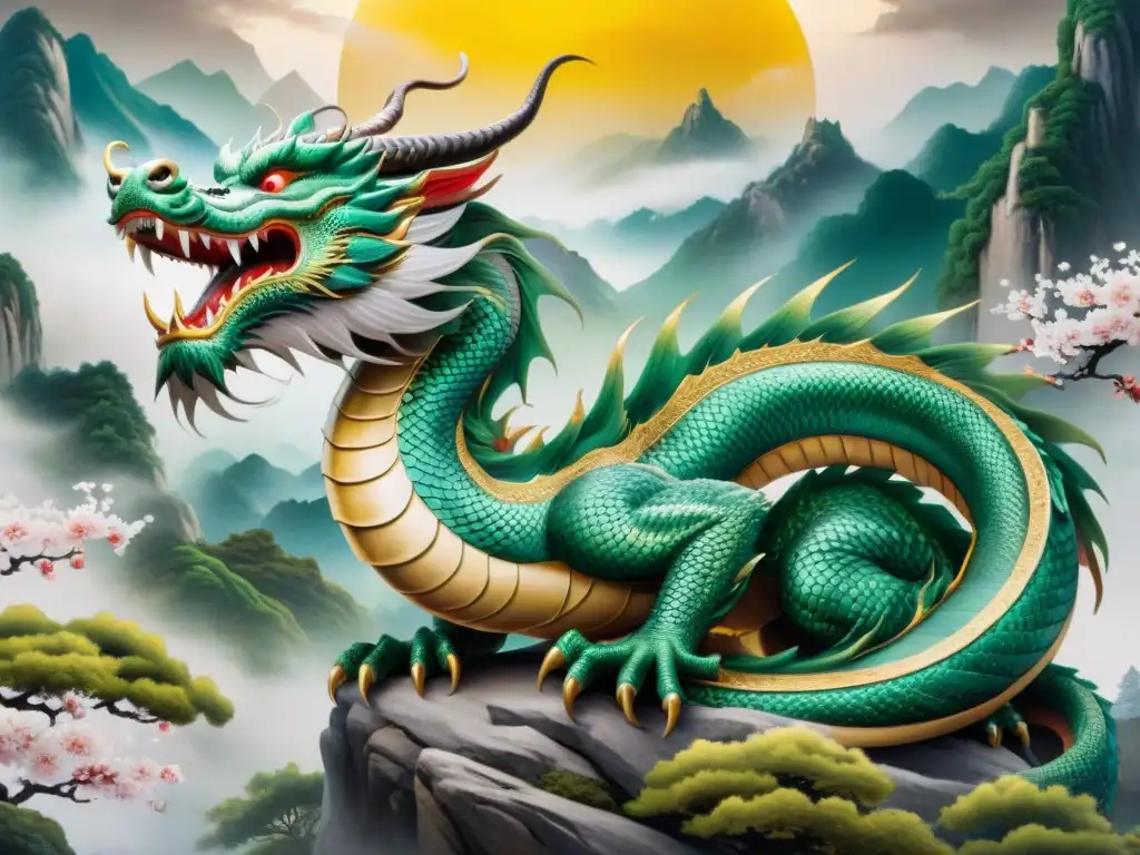 Dragón oriental majestuoso en pintura china: escamas verdes, doradas y rojas brillantes, ojos sabios