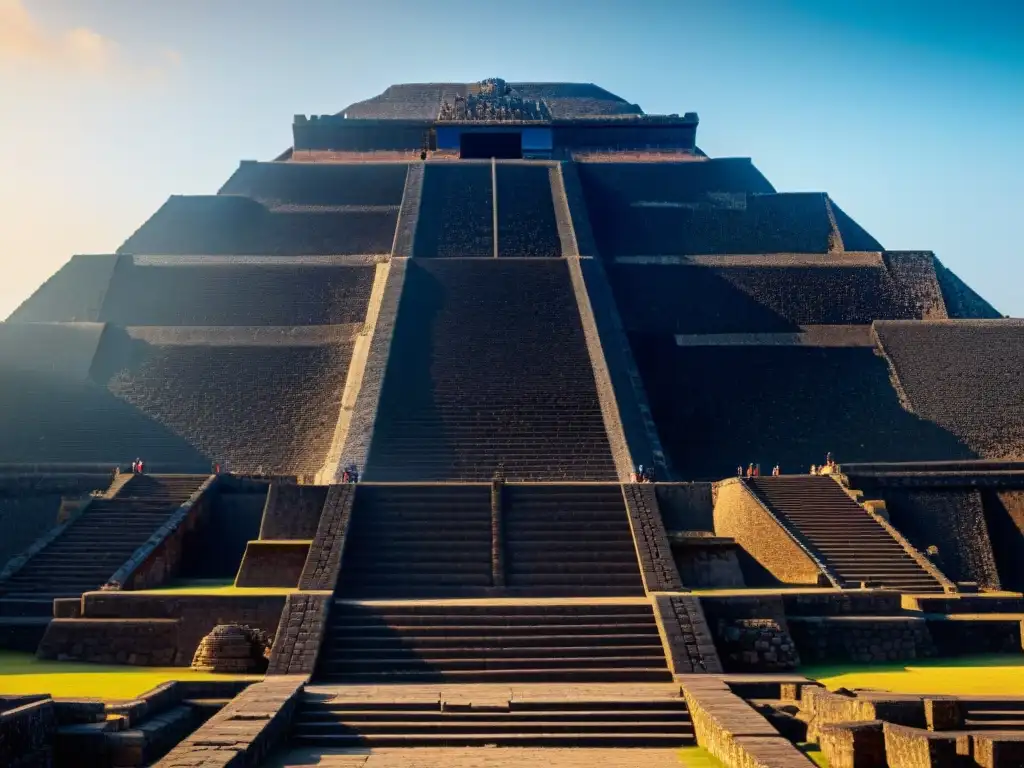 Origen y construcción de Teotihuacán: la majestuosidad de la Pirámide del Sol en la luz del sol, resaltando su intrincada arquitectura