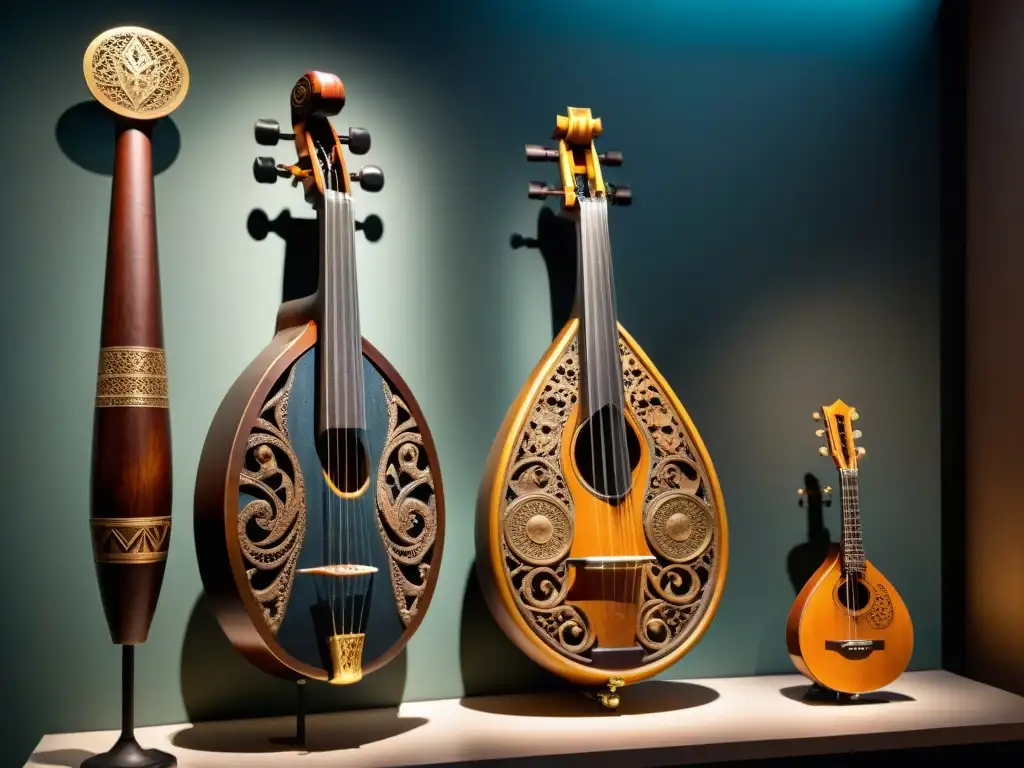 Origen de instrumentos musicales antiguos en un museo, con detalles y texturas que cuentan historias milenarias