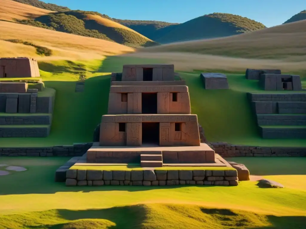 Origen y misterio de Puma Punku: Intrincadas esculturas en piedra iluminadas por el sol poniente, revelando su avanzada arquitectura