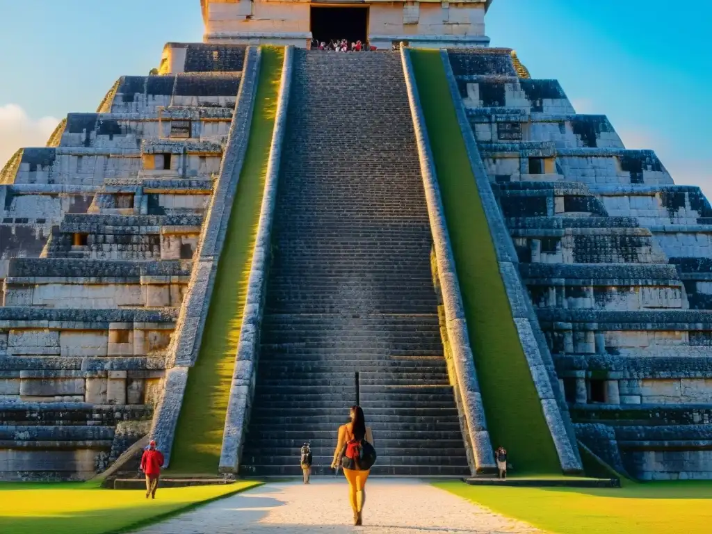 Explora los orígenes de ciudades mesoamericanas misteriosas con la majestuosa pirámide maya de El Castillo en Chichén Itzá al atardecer