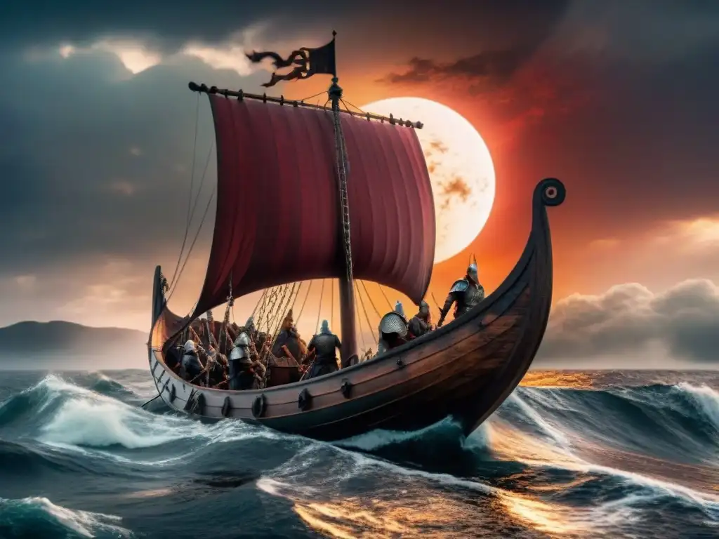 Un oscuro eclipse solar en mitología nórdica vikinga, con Odin y Thor observando desde el cielo mientras un barco vikingo navega