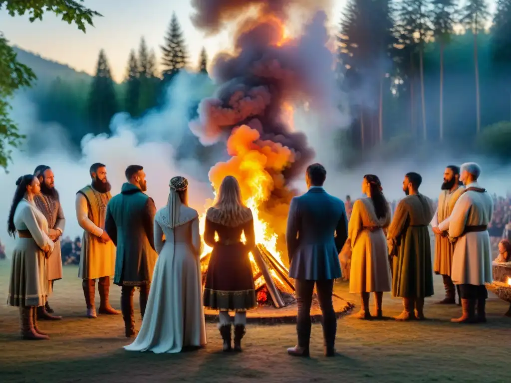 Celebración pagana de solsticio de verano en el bosque alrededor de una fogata, misteriosa y emotiva