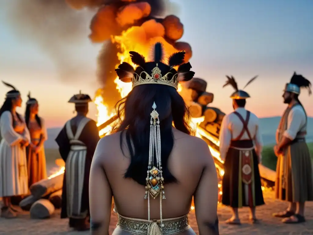 Celebración pagana en el solsticio de verano: personas en trajes elaborados alrededor de una hoguera misteriosa