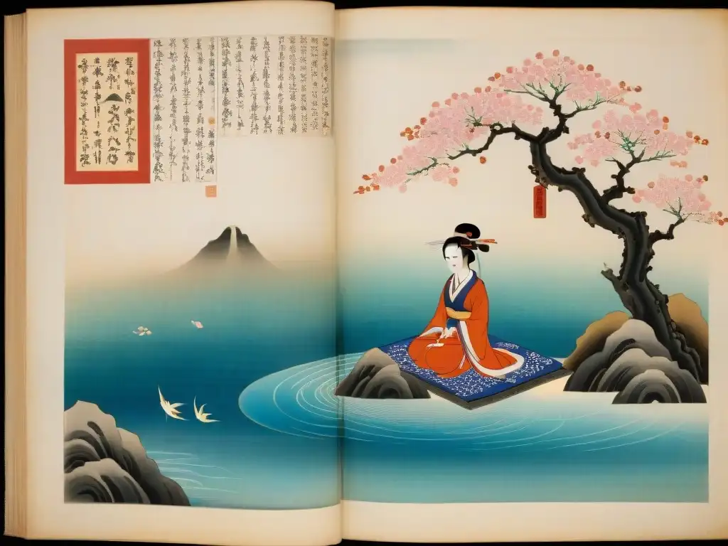 Una página iluminada detallada y vibrante del período Heian en Japón, con caligrafía elegante y escenas cortesanas y motivos naturales coloridos, como cerezos en flor y ríos, evocando refinamiento y riqueza cultural de la literatura japonesa antigua poesía Heian