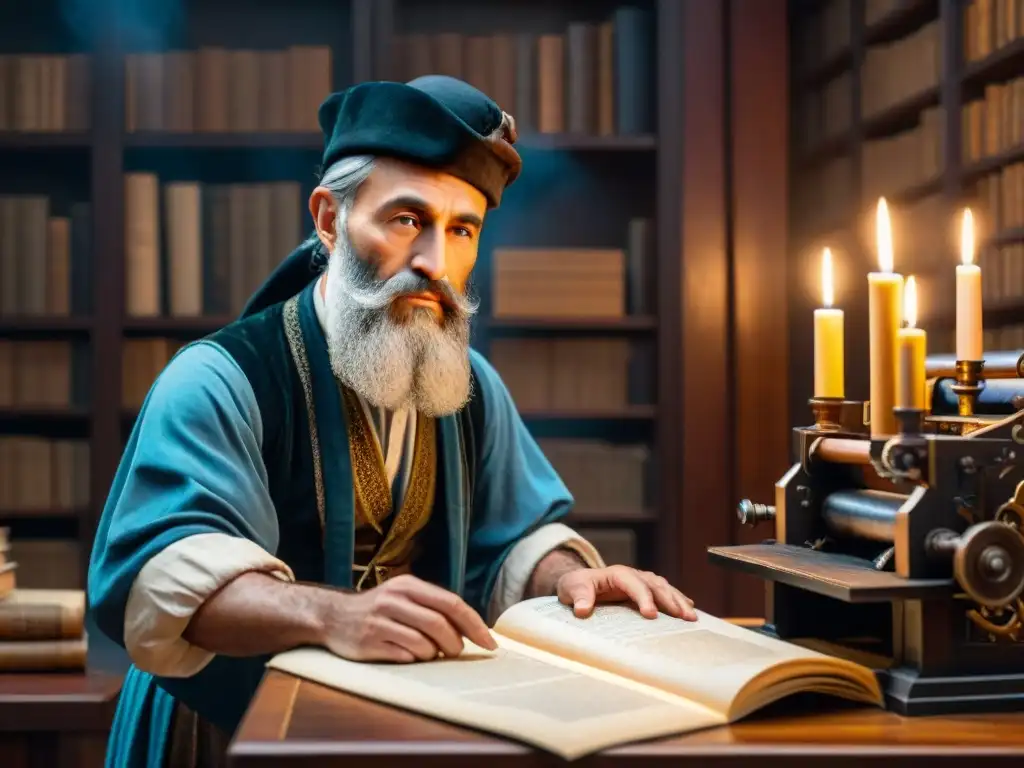 Johannes Gutenberg imprimiendo sus páginas rodeado de luz de velas, ilustraciones detalladas y texto