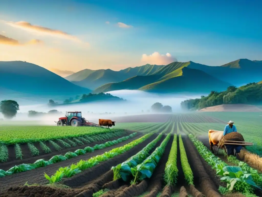 Un paisaje agrícola antiguo al amanecer, con un agricultor arando la tierra mientras el sol se eleva en el horizonte