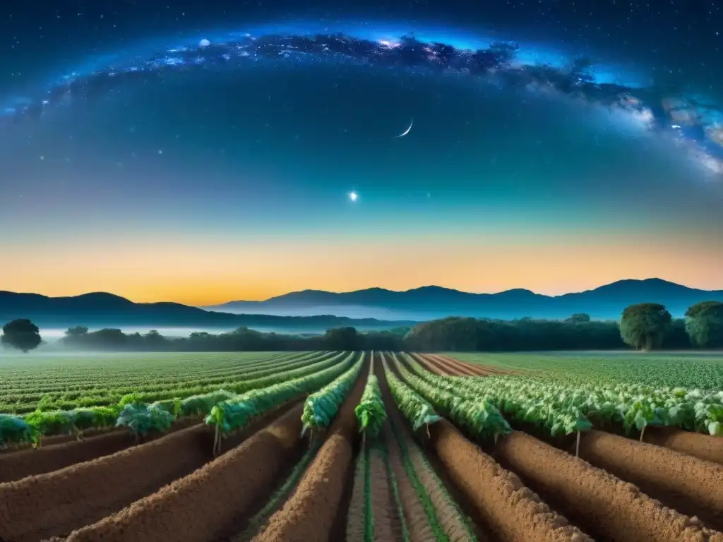 Paisaje agrícola antiguo con labradores bajo un cielo estrellado, Marte y Saturno destacando en el fondo