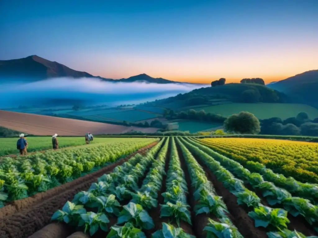 Un paisaje agrícola antiguo sereno al anochecer, con agricultores trabajando bajo las estrellas y las Pleiades brillando en el cielo