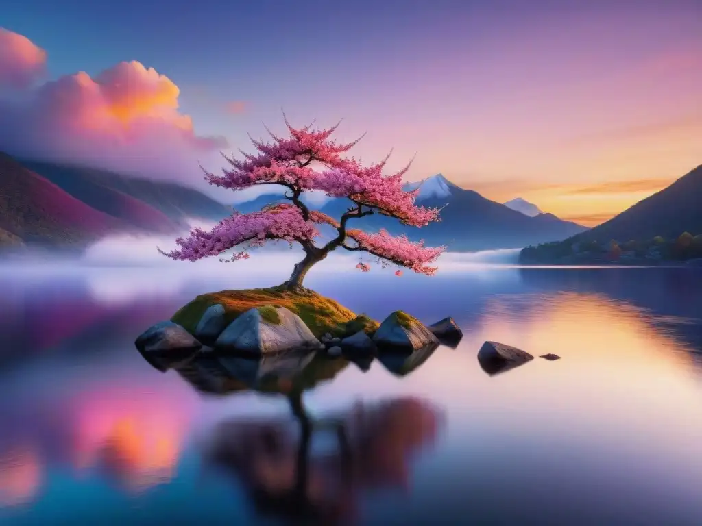 Paisaje armonioso y sereno con lago tranquilo reflejando el atardecer, árbol de cerezo en flor