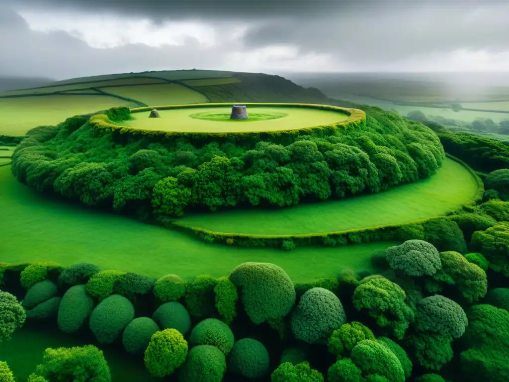 Un paisaje celta verde exuberante con círculos de piedra y ruinas bajo un cielo tormentoso, evocando los Misterios de las oraciones celtas