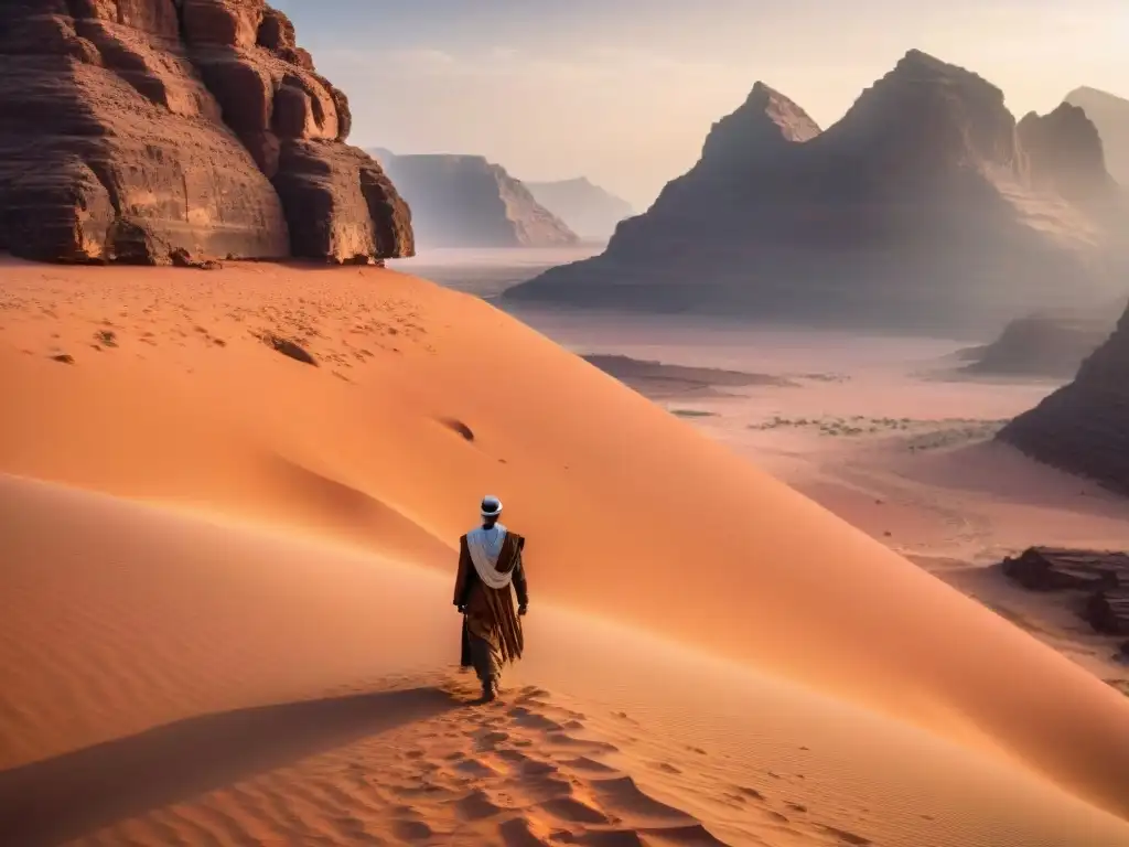 Un paisaje deslumbrante en Wadi Rum con acantilados rojos y un buscador de retiros espirituales en Wadi Rum