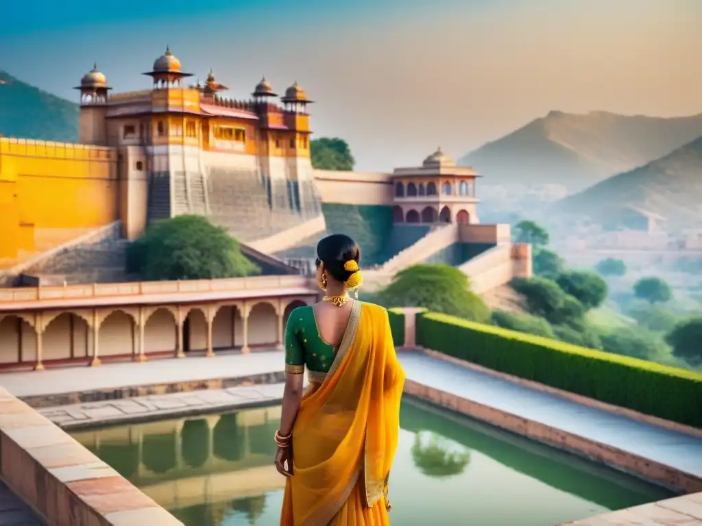 Paisaje dorado del majestuoso Palacio de Ámbar en Jaipur, India, rodeado de los Montes Aravalli al atardecer