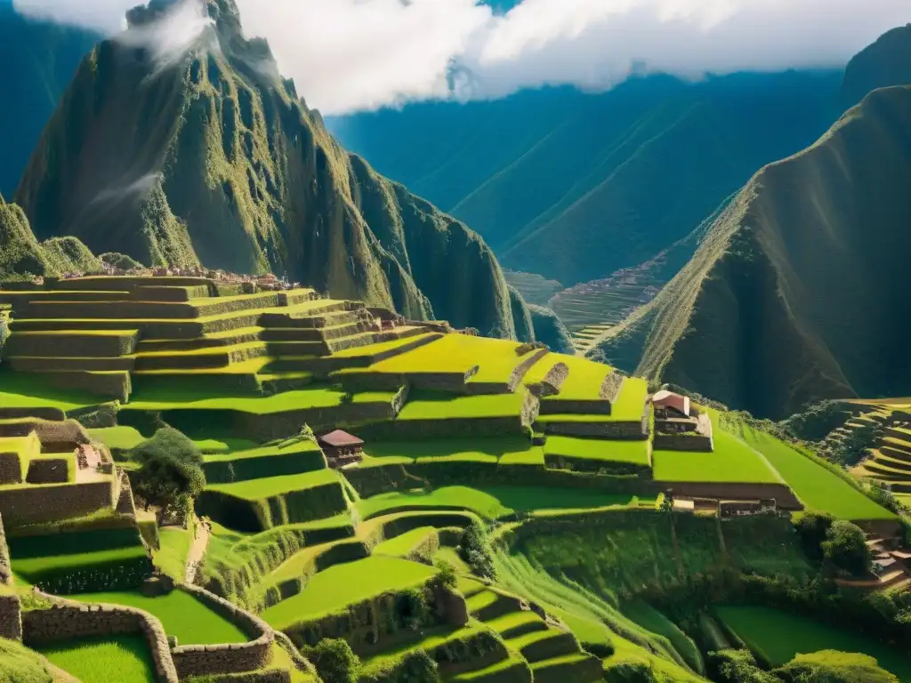 Un paisaje impresionante de terrazas agrícolas incas en los Andes, mostrando la economía y militarización en el Imperio Inca