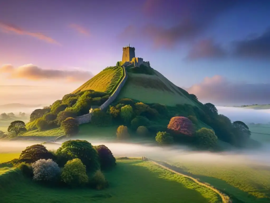 Paisaje mágico en la isla Avalon: Tor de Glastonbury al atardecer con tonos púrpuras y dorados