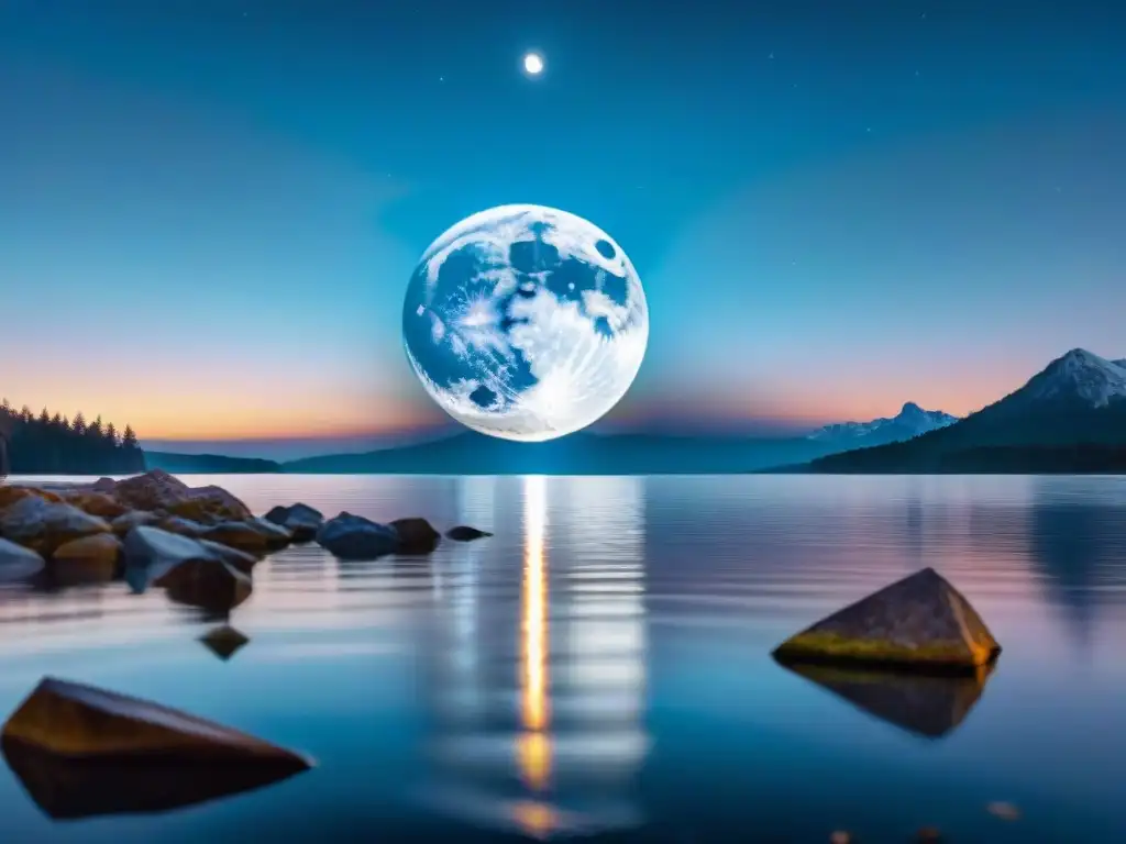 Un paisaje mágico con la luna llena sobre un lago tranquilo, reflejando cristales brillantes