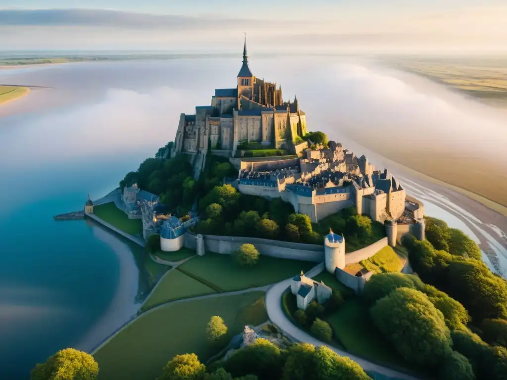 Un paisaje místico del Mont Saint-Michel muestra su arquitectura y mareas, revelando los Misterios del Monte Saint Michel