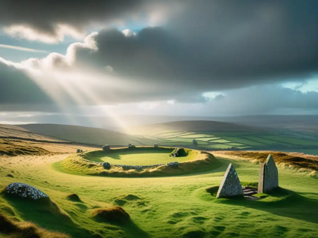 Un paisaje místico en Irlanda celta: verdes colinas, ruinas celtas y un círculo de piedra