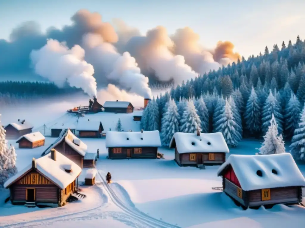 Paisaje nevado de un pueblo eslavo tradicional, casas de madera decoradas y humo saliendo de las chimeneas