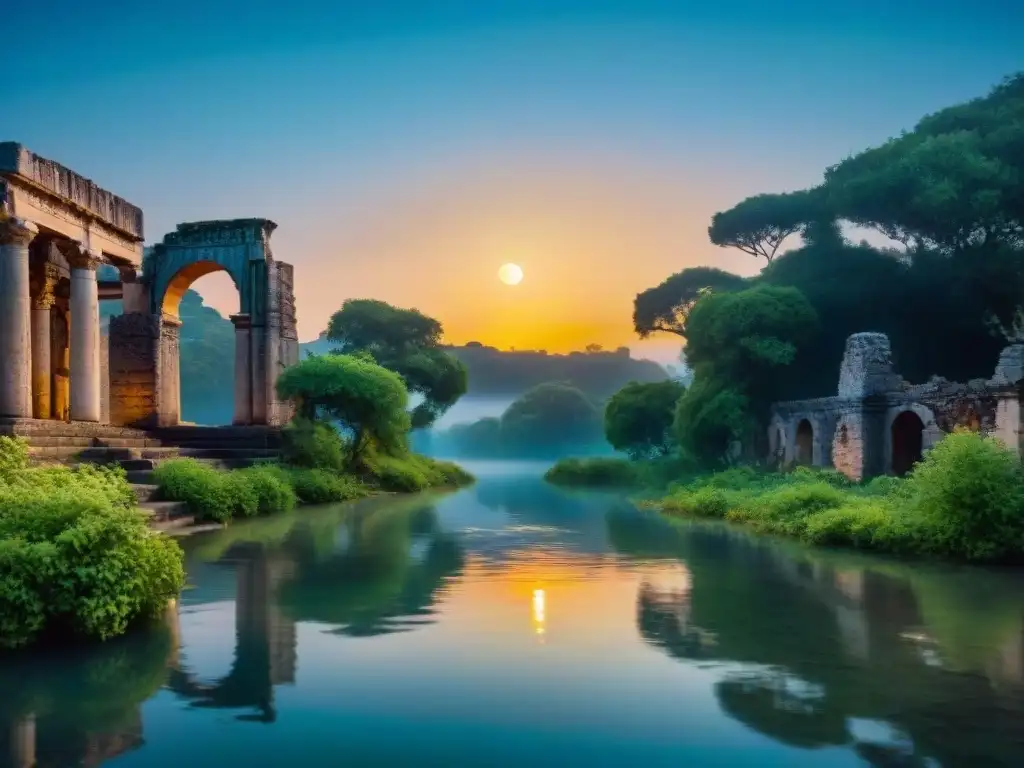 Paisaje nocturno de paz y conexión espiritual en un lago iluminado por la luna, rodeado de naturaleza y ruinas antiguas